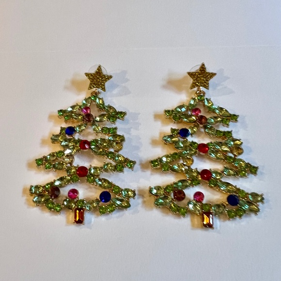 Bauble Bar Christmas Tree Earrings Statement Rhinestones and Crystals Gold 3" - Picture 4 of 8